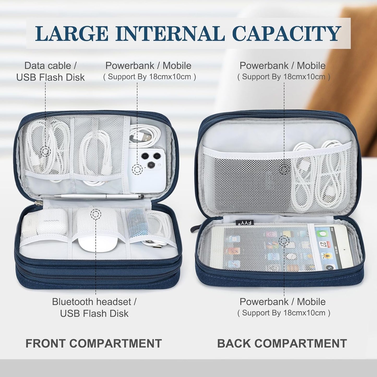 FYY Electronic Organizer, Large Travel Cable Organizer Bag Pouch Electronic Accessories Carry Case Portable Waterproof Double Layers All-in-One Storage Bag for Cable, Cord, Charger, Phone, Navy