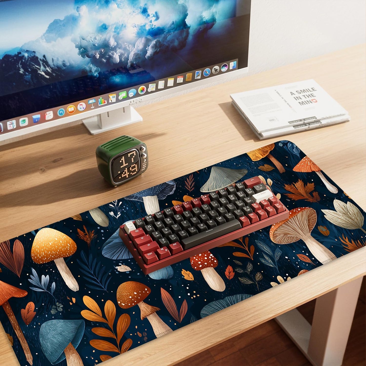 Mushroom Forest Mouse Pad – Large Extended Desk Mat 35.43 x 15.75 in – Autumn Woodland Fungi Illustration, Waterproof Surface, Non-Slip Rubber Base, Keyboard & Mouse Pad for Nature Lovers