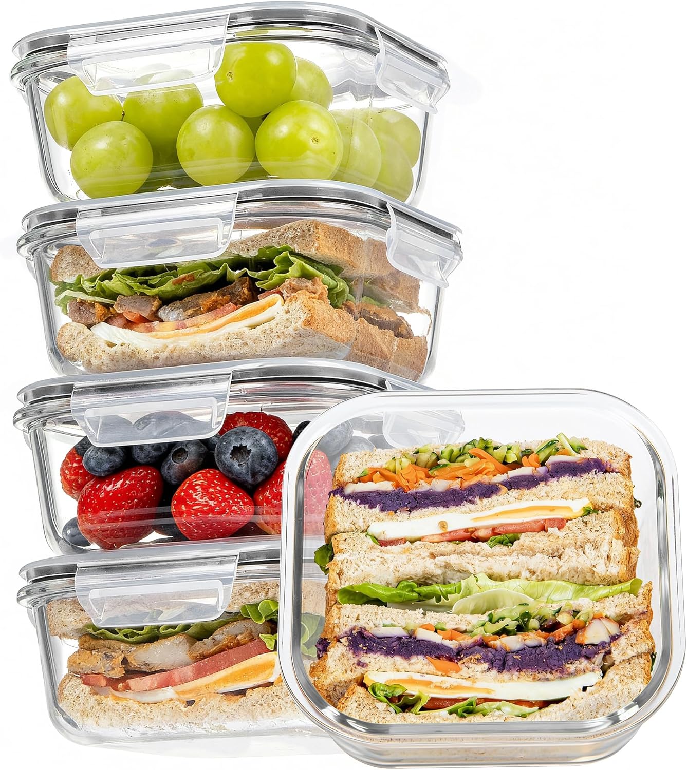 Vtopmart 5Pack 27oz Glass Storage Containers with Lids, Glass Meal Prep Food Container Sets, Sandwich Containers with Snap Airtight Lids for Microwave, Oven, Freezer and Dishwasher, Grey