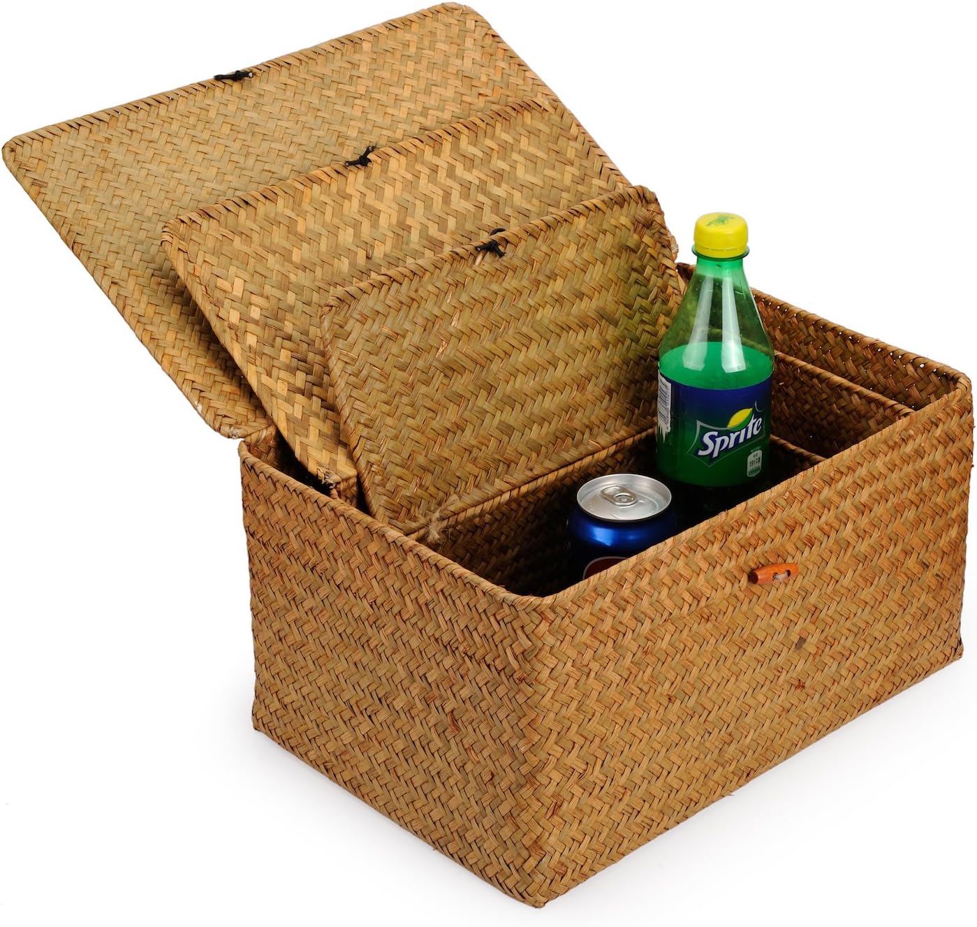 DOKOT Woven Wicker Storage Bins with Lid, Seagrass Basket for Shelf Organizer, Extra Large, Set of 3