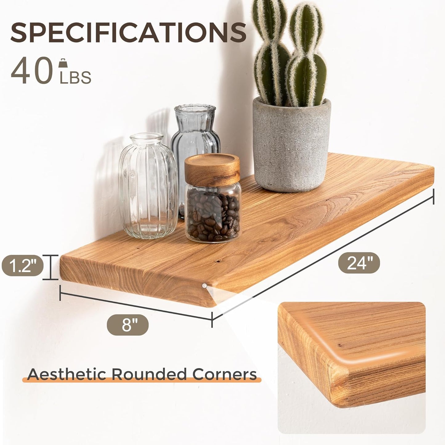 24" Rustic Elm Wood Floating Shelves, 8 Inch Deep Wall Shelves for Home Decor, Wall Mounted Floating Shelf with Invisible Bracket, Heavy-Duty Storage & Display Shelf for Living Room, Kitchen, Set of 2