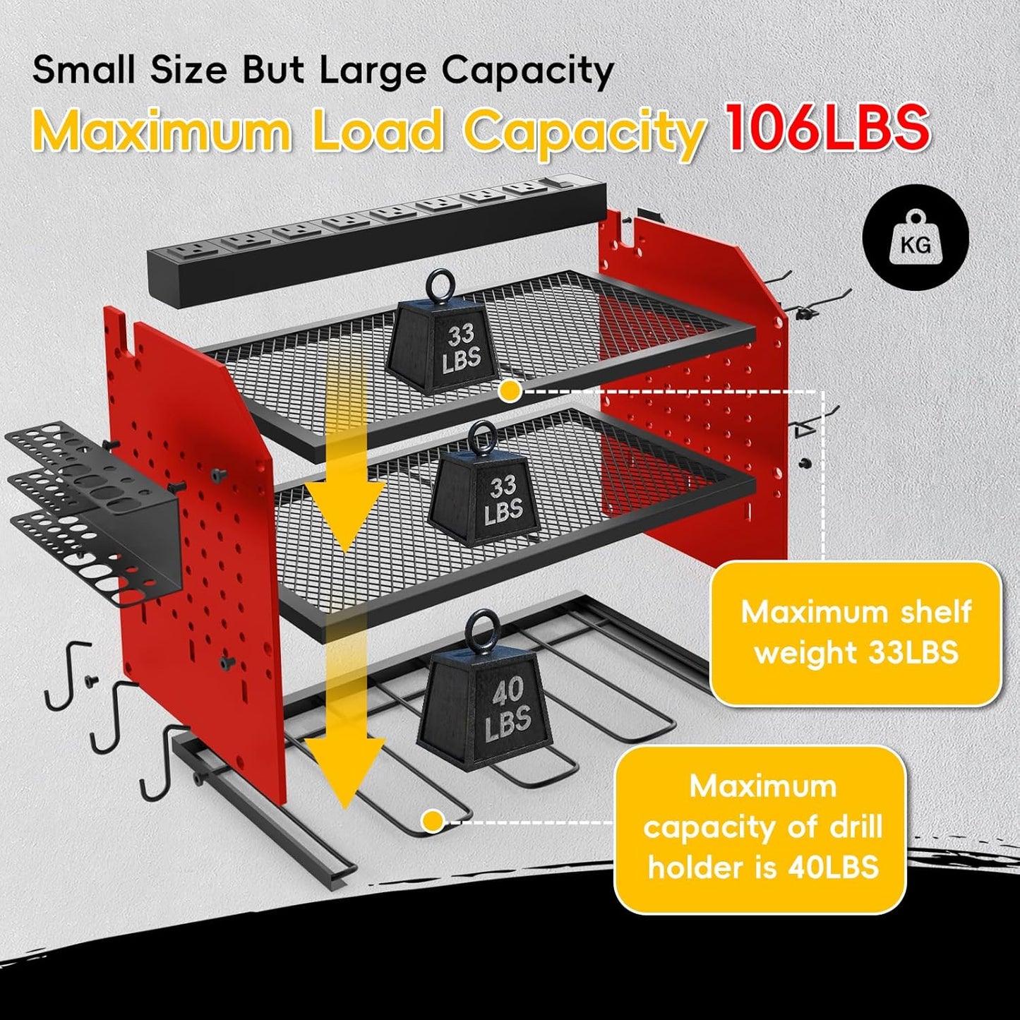 Power Tool Organizer Wall Mount with Charging Station, Drill Holder, Adjustable Layers, Heavy Duty Garage Tool Organizer Storage with 8 Outlet Power Strip, Christmas Gifts for Men, Dad, Husband