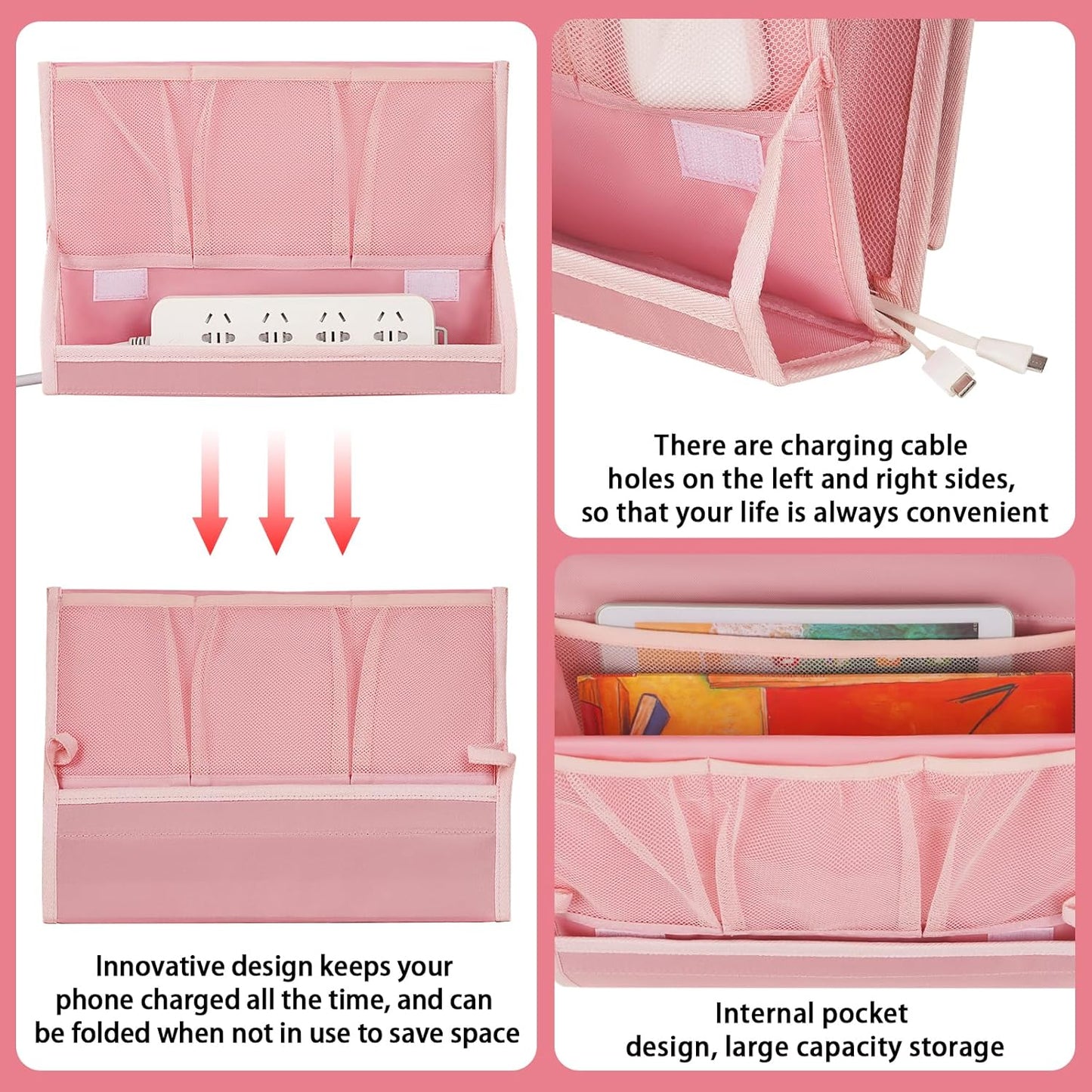 Bedside Caddy Bedside Storage Organizer Bedside Organizer with Power Strip Holder and 2 Adjustable Straps for Home Bunk Bed College Dorm Sofa (2 Pack Pink)