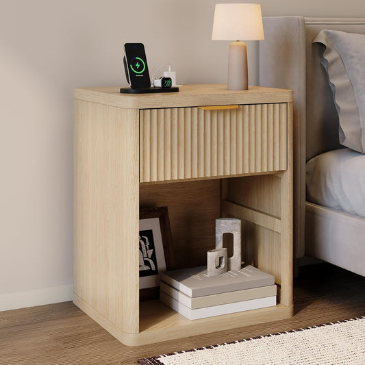 Fluted Nightstand with Charging Station, Bedside Table with Drawers and Open Storage Space, Metal Handles and Rounded Corners for Safety, Mid Century Modern End Table, for Bedroom, Living Room Sofa