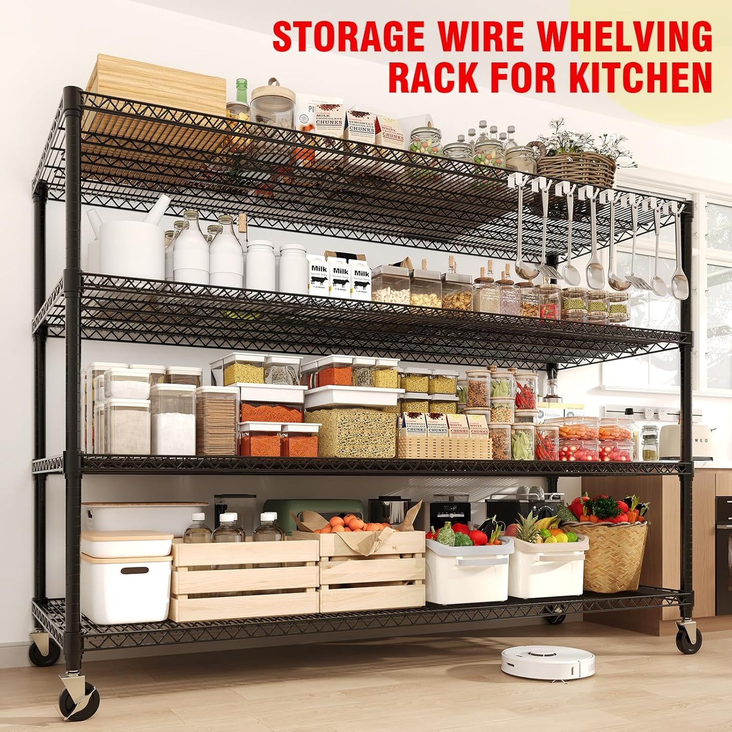 73" H Storage Shelves 2640LBS Heavy Duty Shelving Unit with Wheels & Feet, 4-Tiers Garage Shelving for Pantry Garage Kitchen Home Commercial, 73.8" H x 59" W x 23.9" D