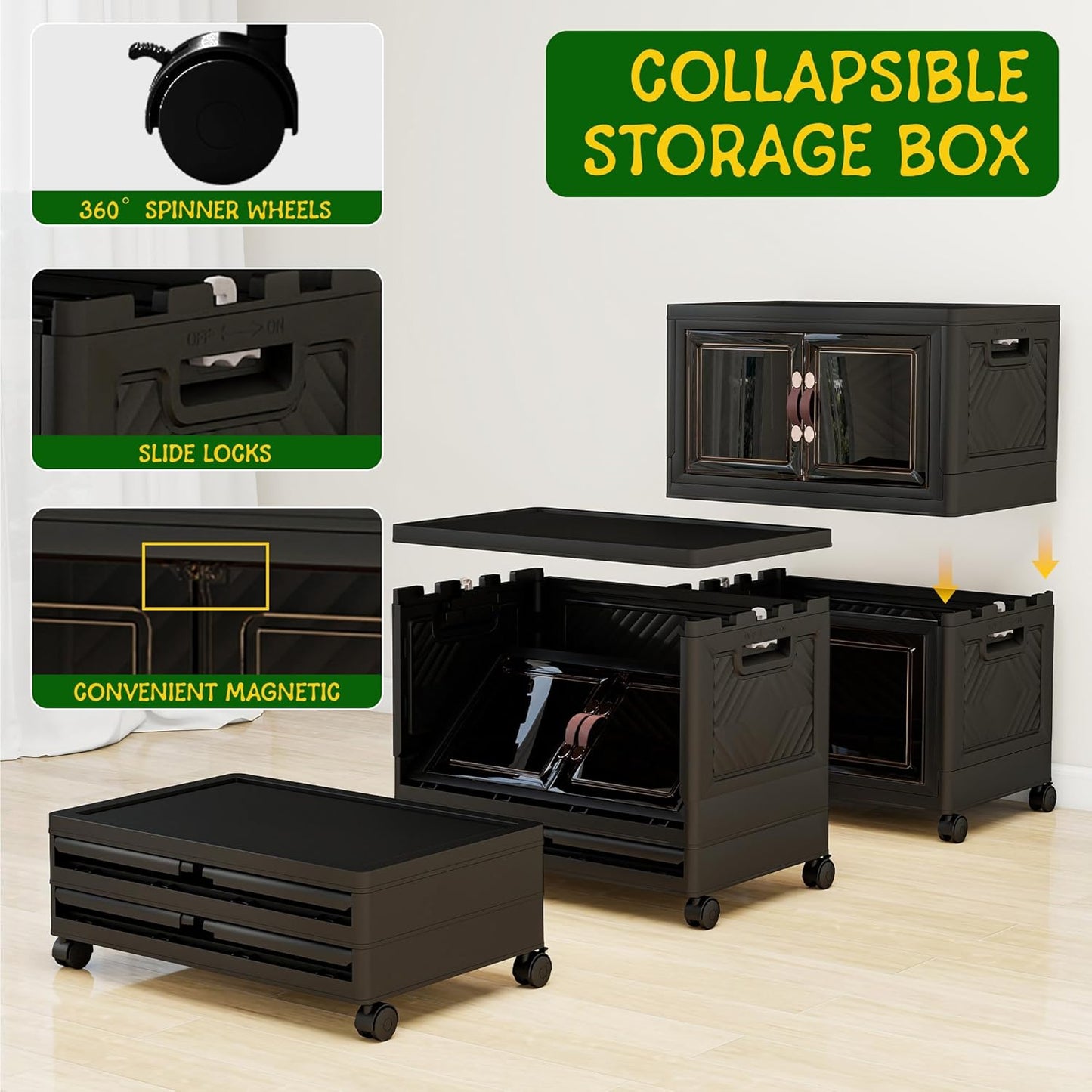Storage Bins with Lids and Wheels, Collapsible Bathroom Storage Cabinet with Clear Doors, Plastic Stackable Closet Organizers and Storage Containers Black 199 QT