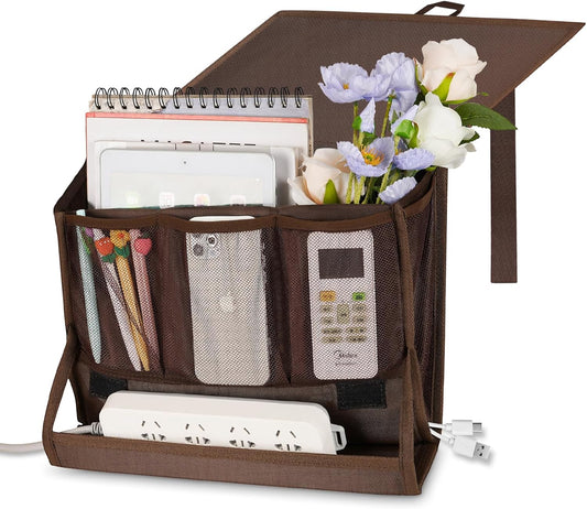Bedside Storage Organizer with Power Strip Holder and Adjustable Straps Bed Hanging Bag for Home Bunk Bed Dorm Sofa (Brown)