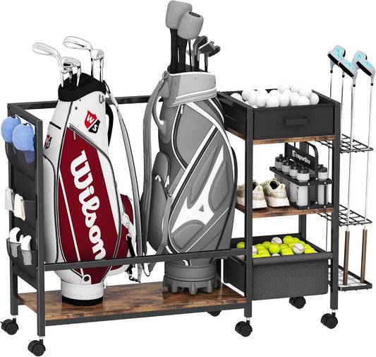 Golf Bag Storage Organizer for Garage, Golf Organizer with Extra Golf Rack and Side Fabric Bag for 20 Golf Clubs & Golf Essentials, Golf Bag Stand for Golf Bag Accessories, Ideal Golf Gifts for Men