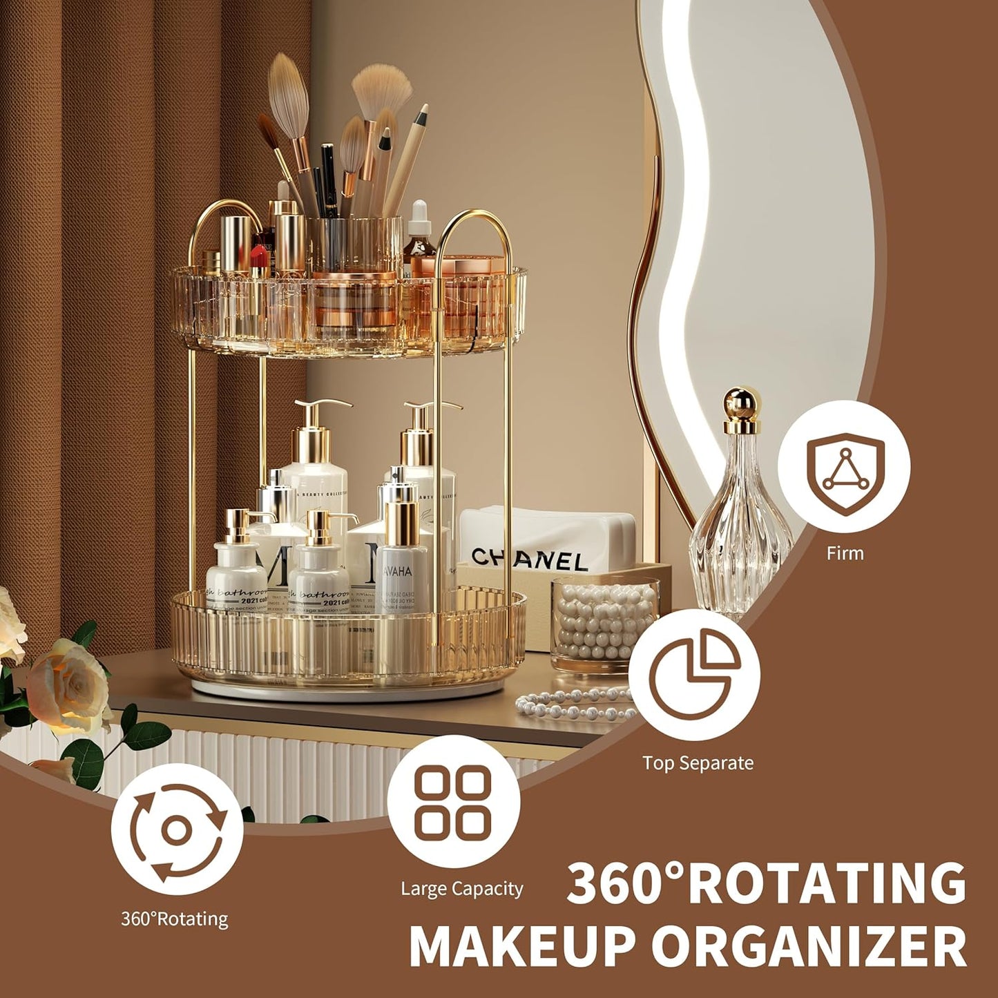 YCIA&DONE Rotating Makeup Organizer for Vanity, Large Capacity Make Up Storage Skin care Shelf Perfume Holders Cosmetic Dresser Organizer Countertop Spinning 360 (Amber Gold, 2Tiers)