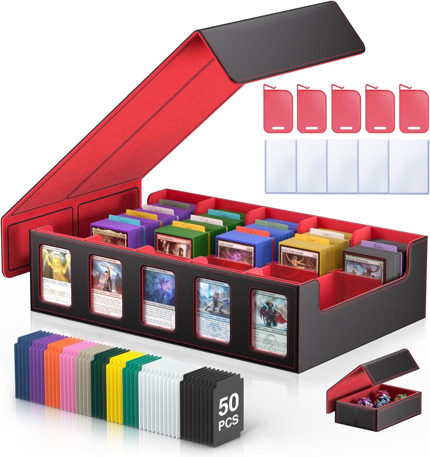 Trading Card Storage Box 5-Row 3900+ Capacity,TCG MTG Card Case with Magnetic Lid & Commander Display,Top Loader Storage for Sports Cards,Includes Dividers Dice Box（Black＆Red）