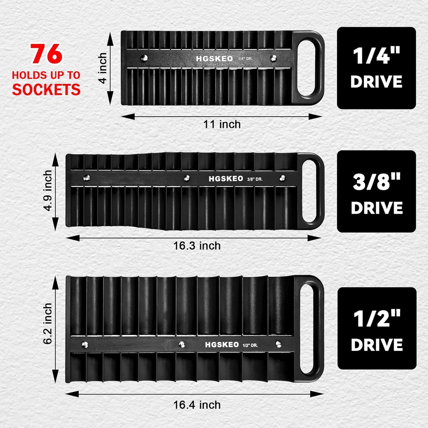 Magnetic Socket Holder Set with Handle, Portable Socket Organizer, Heavy Duty Socket Racks, 76 standard Sockets for Tool Box (Black, 3 Pcs Set-1/4", 3/8" & 1/2")