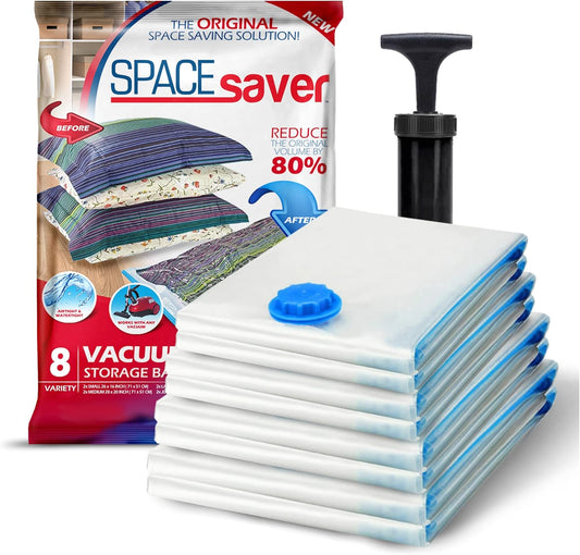 Spacesaver Vacuum Storage Bags with Hand Pump - Vacuum Seal Bags for Clothing, Comforters, Blankets - Reusable Compression Bags for Travel, Moving, Organization - 2S, 2M, 2L, 2XL Sizes - Pack of 8