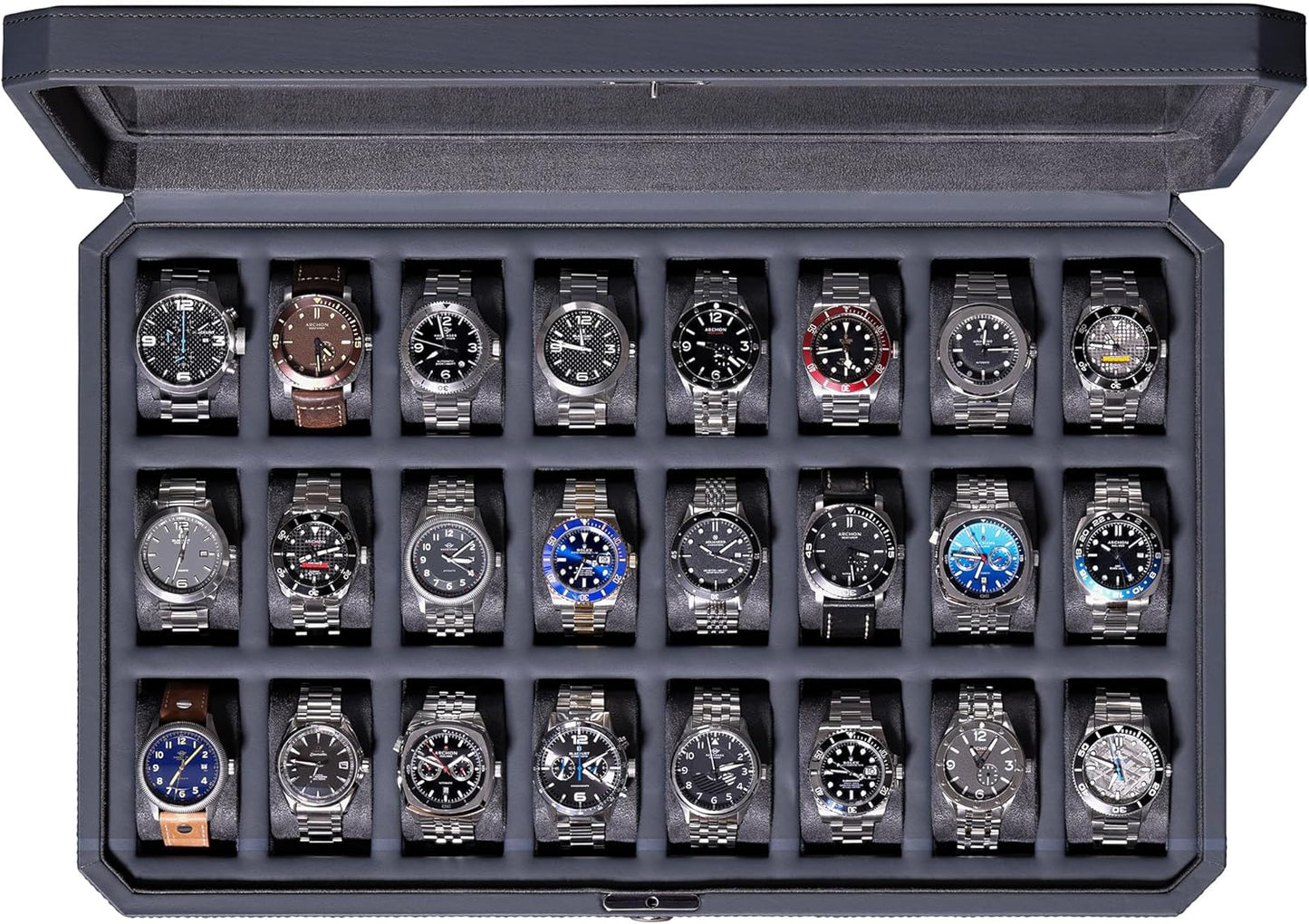 ROTHWELL 24 Slot Watch Case with Lock – Luxury Watch Box to Display and Organize Your Collection | Real Glass Top | Premium Storage for Collectors (Carbon)