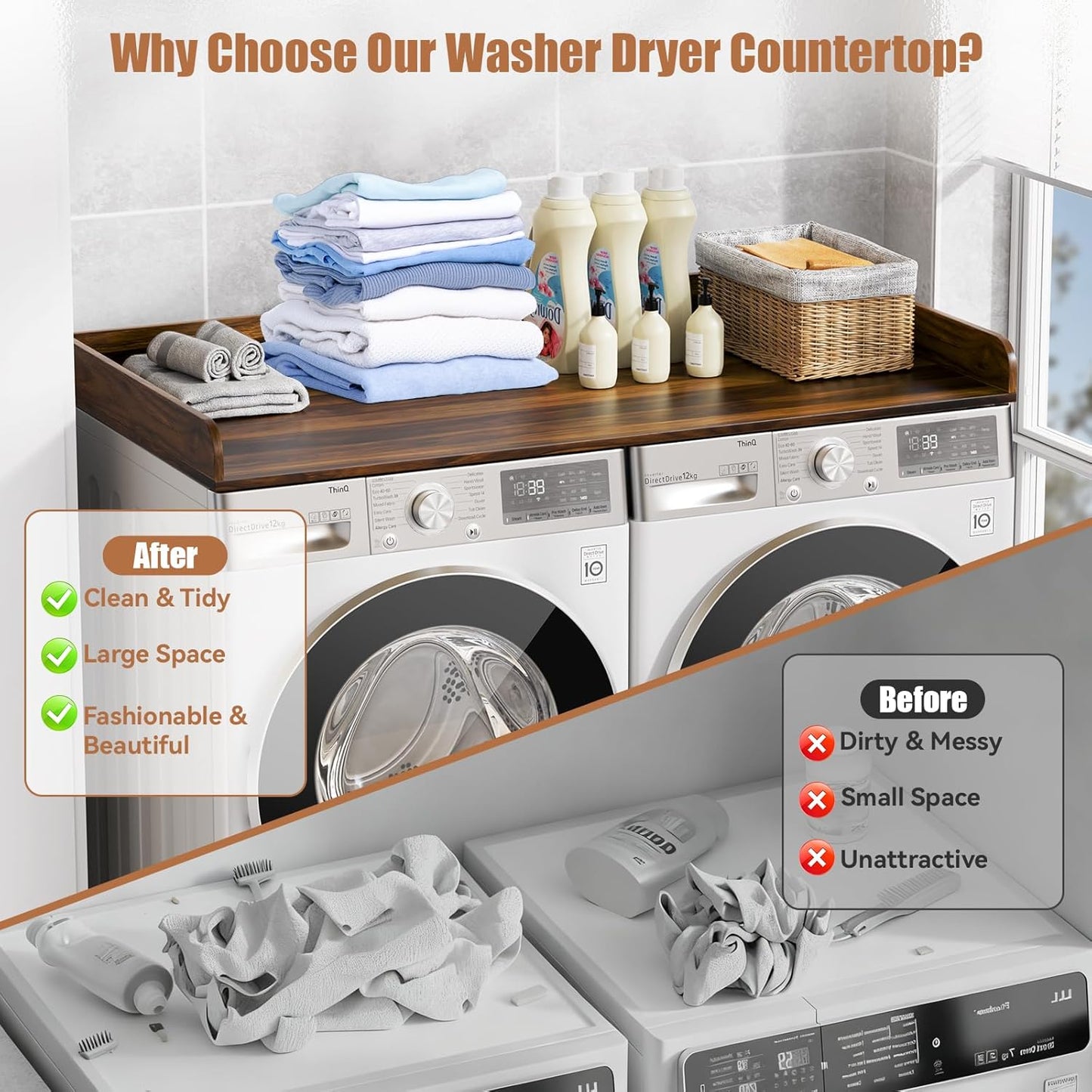 Washer Dryer Countertop, 27.5" D x 54" W Washer and Dryer Topper Covers with Edge Rails, Wood Laundry Room Countertop Shelves for Laundry Room Organization and Storage (Brown)