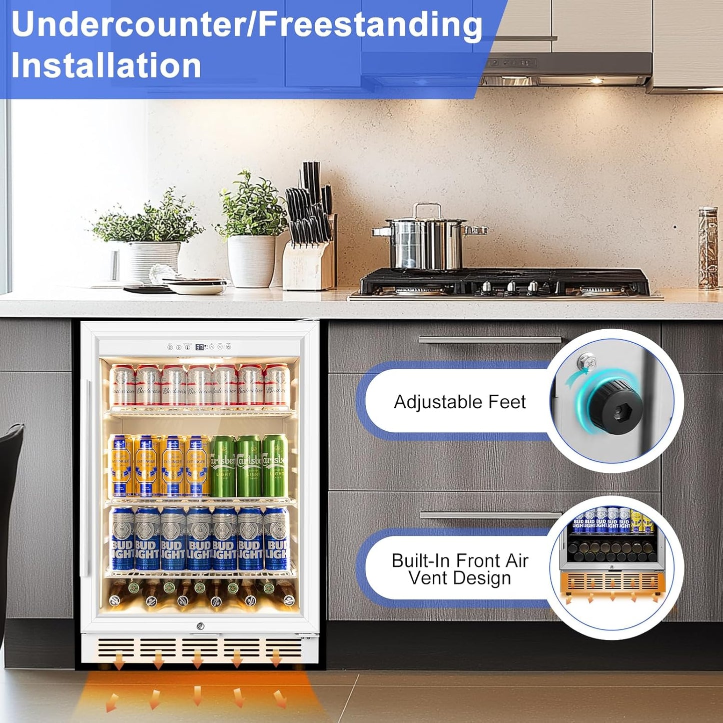 24 Inch Beverage Refrigerator with Glass Door, Undercounter Beverage Fridge 200 Cans Large Capacity, Beverage Cooler for Beer Soda with Reversible Door, Temperature Control, Safety Lock, White