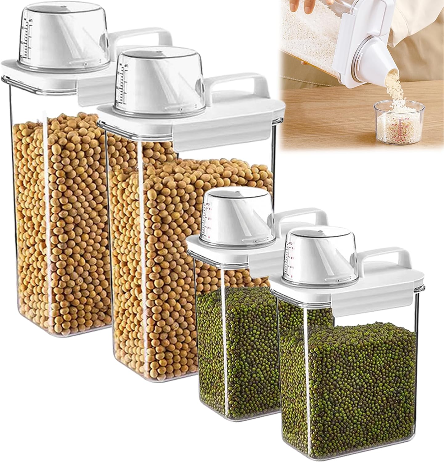 Cereal Container，Rice Storage Dispenser-Airtight Food Storage Organizers BPA-free Plastic Kitchen Pantry Storage Containers food-grade PET material Suitable for rice, grains(2300ml+1800ml)