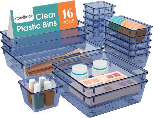 16 PCS Drawer Organizer Set, 5 Varied Size Bathroom and kitchen Drawer cabinet organizer Trays, Clear Storage Bins for Makeup, Jewelry, Utensils and Gadgets,Dark Blue