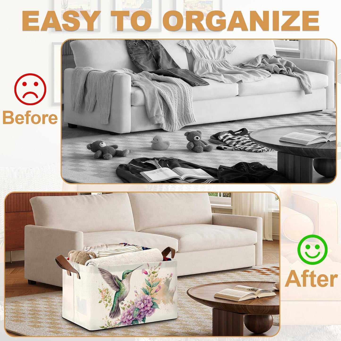 32L Large Storage Bins with Handles, Basket Organizer for Shelves, Closet, Books, Laundry & Home Decor (Hummingbird Flower)