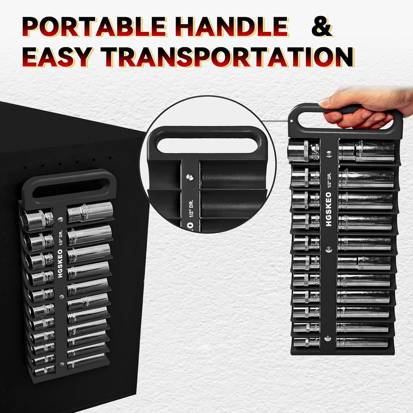 Magnetic Socket Holder Set with Handle, Portable Socket Organizer, Heavy Duty Socket Racks (Black, 1/2" Drive)