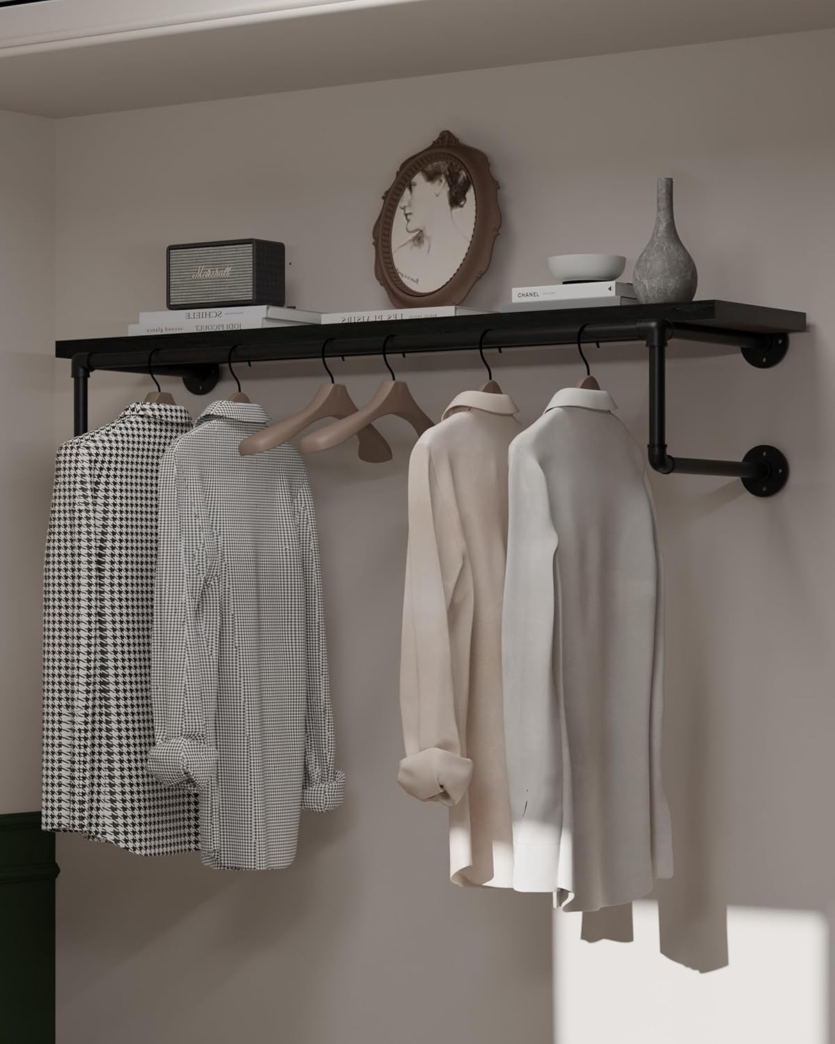 Clothes Rack 42in, Wall Mounted Garment Racks with Real Black Wood Shelf, Heavy Duty Hanging Clothes Rack, Multi-Purpose Hanging Rod, Space-Saving Closet Storage