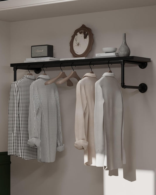 Clothes Rack 42in, Wall Mounted Garment Racks with Real Black Wood Shelf, Heavy Duty Hanging Clothes Rack, Multi-Purpose Hanging Rod, Space-Saving Closet Storage