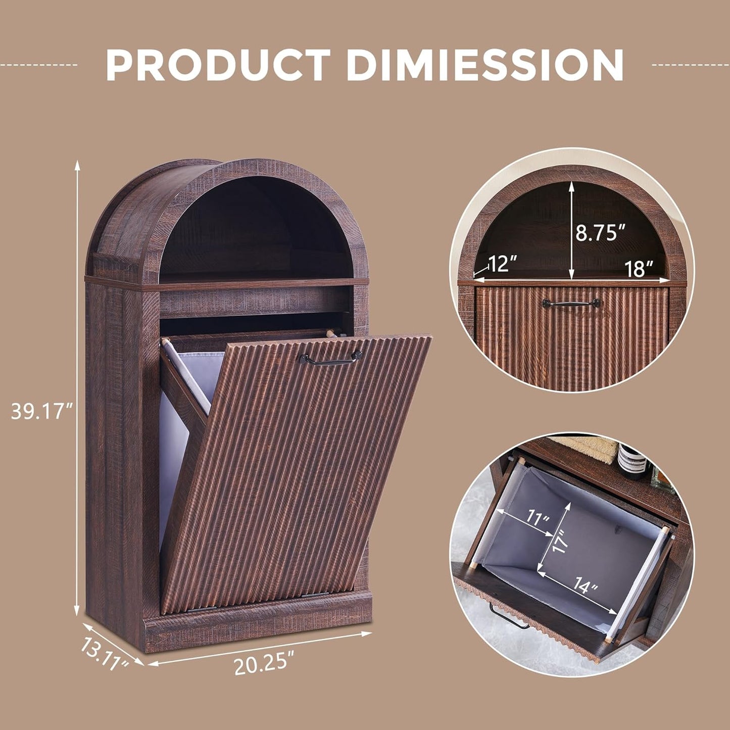 Arch Tilt-Out Trash Can Cabinet, Fluted Kitchen Trash Can 10 Gallon with Open Shelf, Modern Laundry Hamper Cabinet, Hidden Garbage Can with Storage Basket for Living Room, Kitchen Brown
