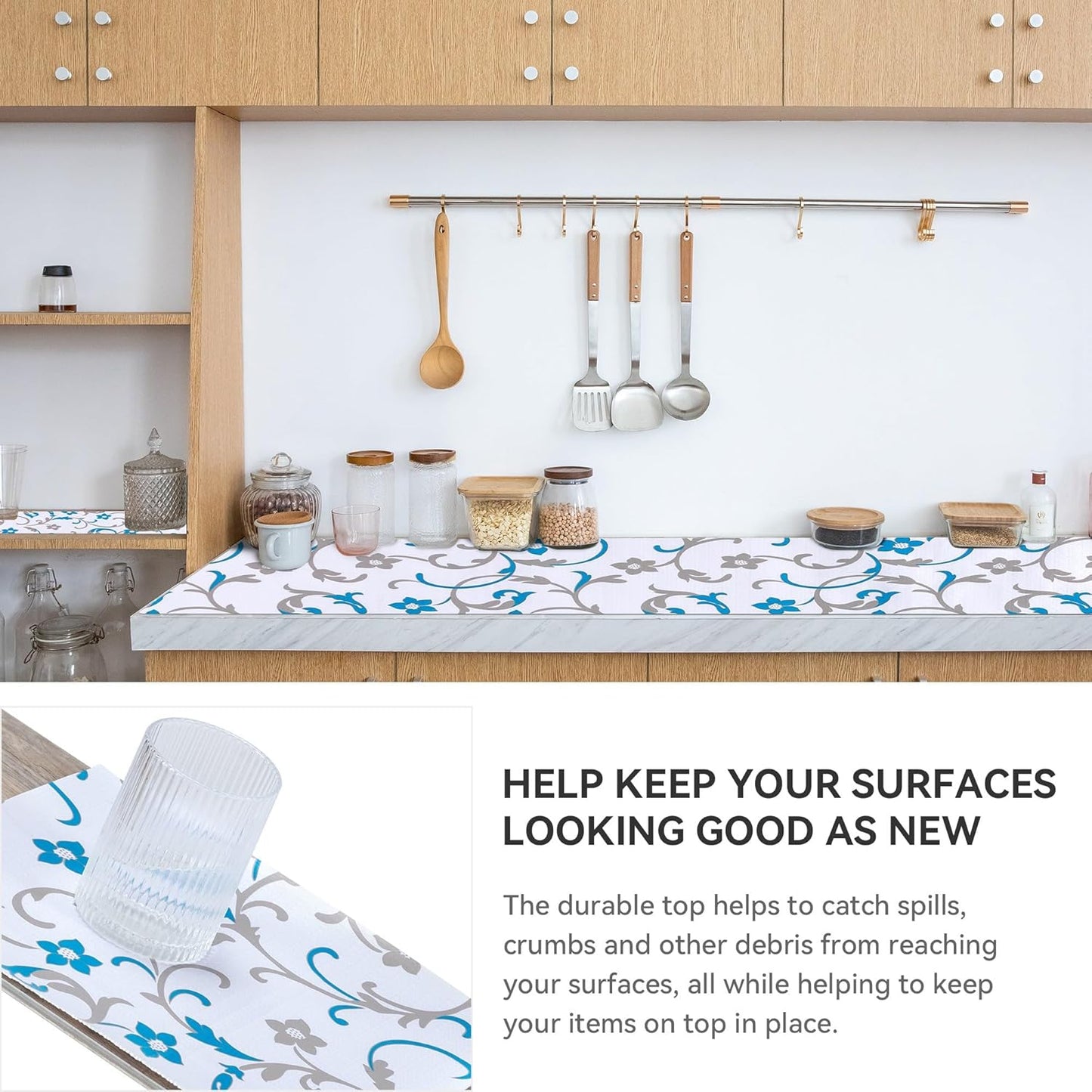 2 Rolls 12" W x 120" L Floral Drawer and Shelf Liner for Cabinets, Non-Adhesive Strong Grip Non-Slip Flower Shelf Cabinet Kitchen Shelf Liners for Kitchen Cabinets