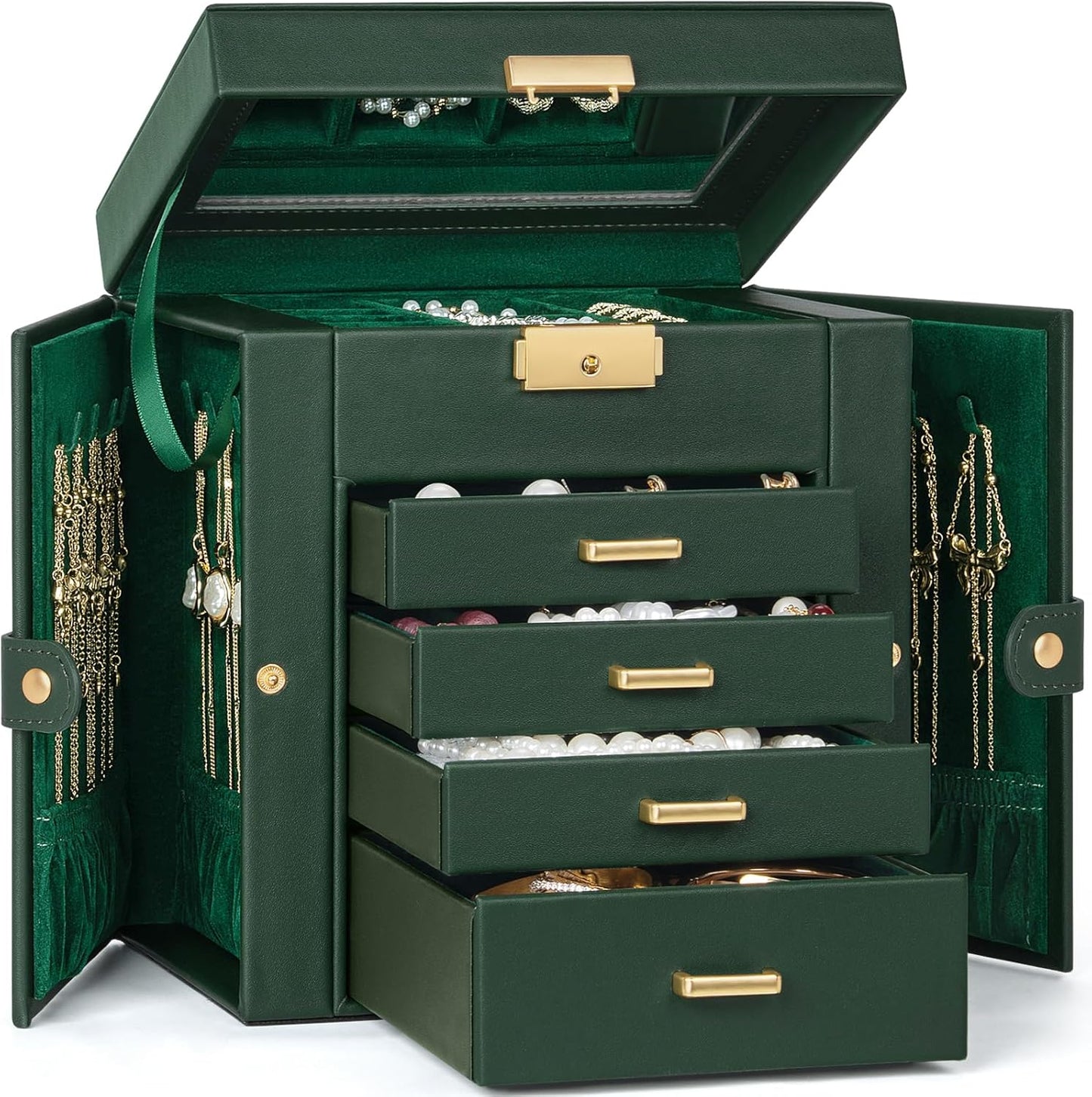TORIBIO Jewelry Box for Women, Leather Jewelry Organizer with Mirror & Lock, 5-Tier Jewelry Storage Organizer with 4 Drawers for Girls/Women/Mothers, Necklace Earring Bracelets Holder Organizer