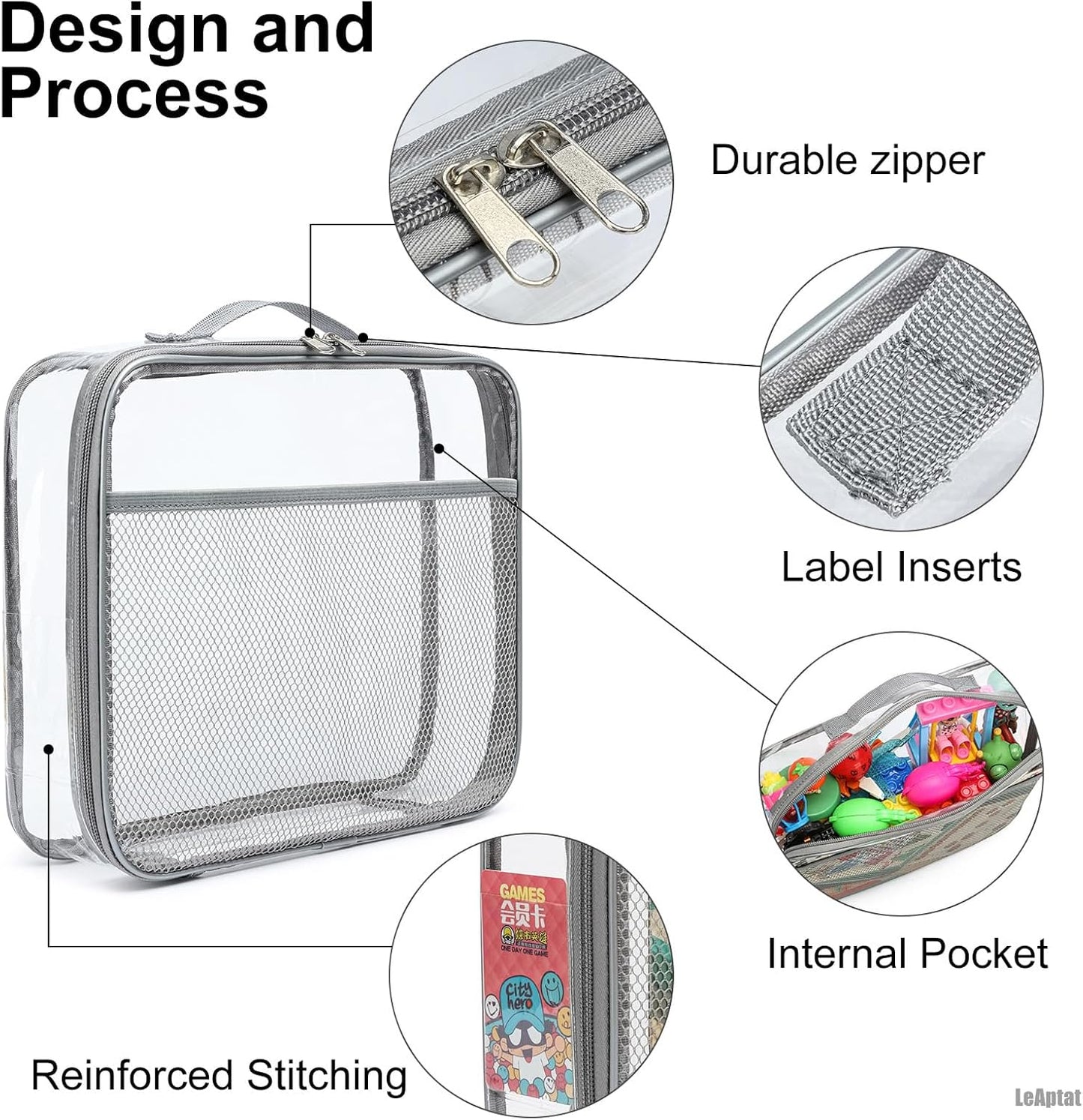 4 Pack Clear PVC Zippered Toy Storage Bags for Toy, Kids Toy, Building Blocks, Puzzle, Clay, Board Game Storage Organizer Travel Waterproof Small Bags With Name Tag Pocket (Gray, L & S)