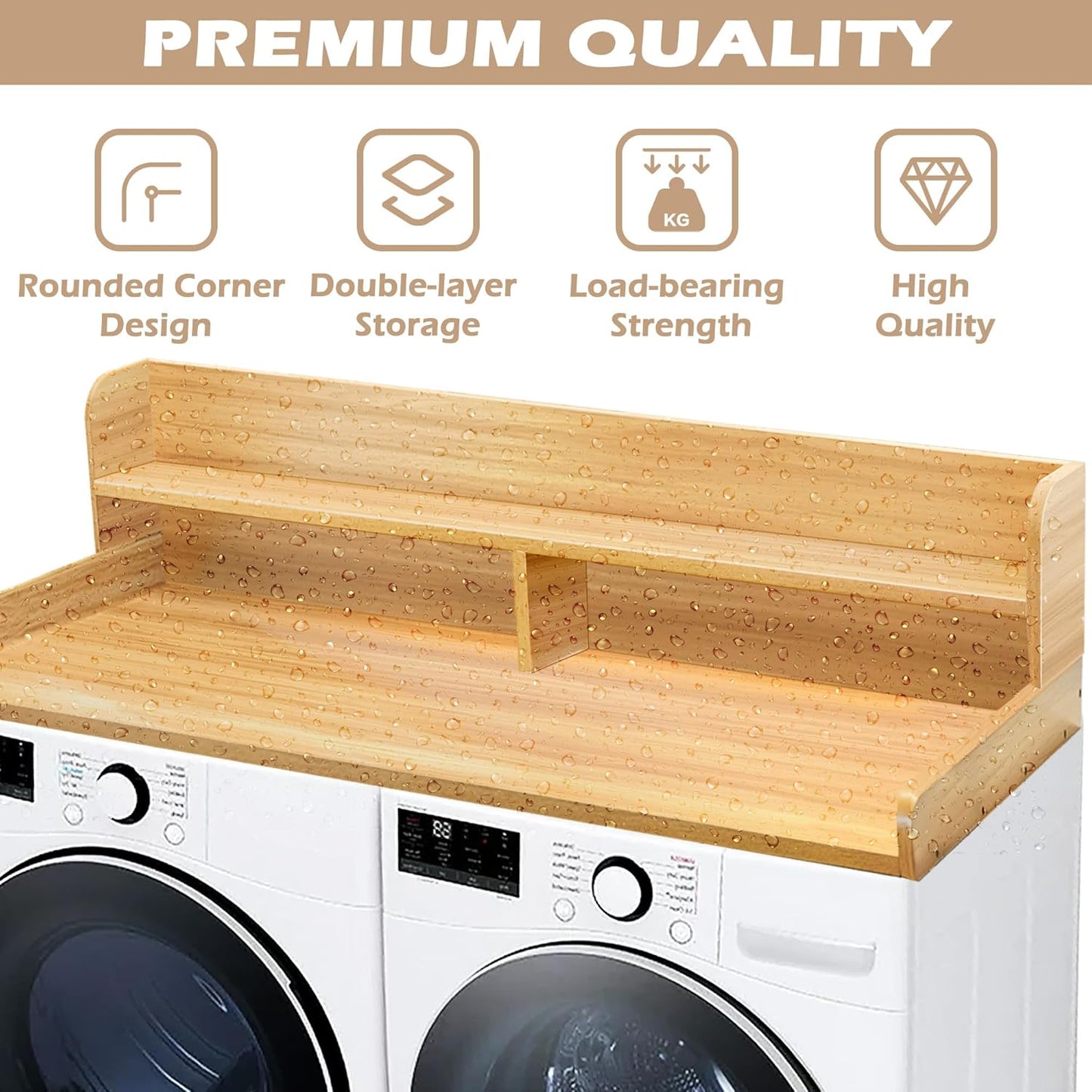 Royxen Laundry Countertop with 2-Tier Shelf Universal Fit, Washer and Dryer Countertop with Storage Space, Shelf Height 11.5 Inches, Solid Wood Core, Oak