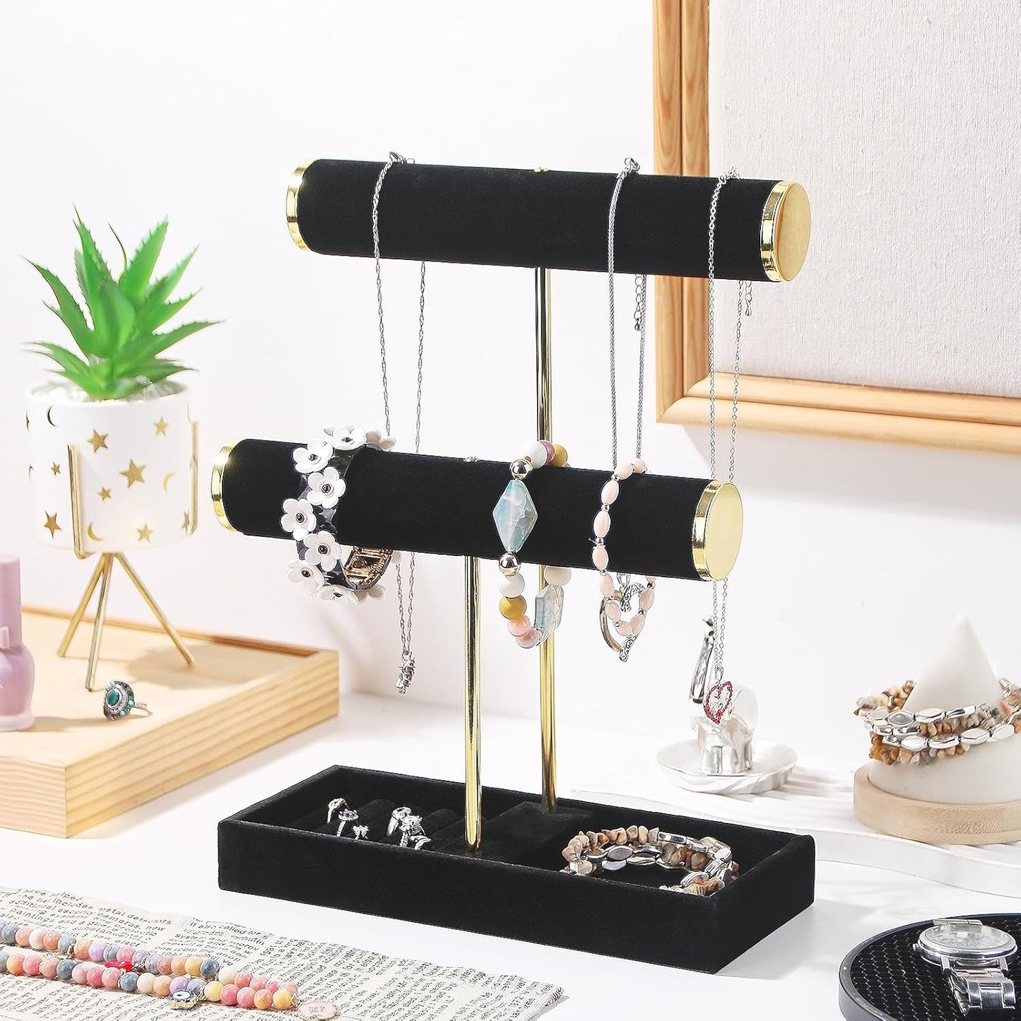Bracelet Holder, 2-Tier Bracelet Display Stand for Vendors, T-Bar Necklace Scrunchie Storage Rack, Bangle Watch Jewelry Display Tower(Black，2 Tier)