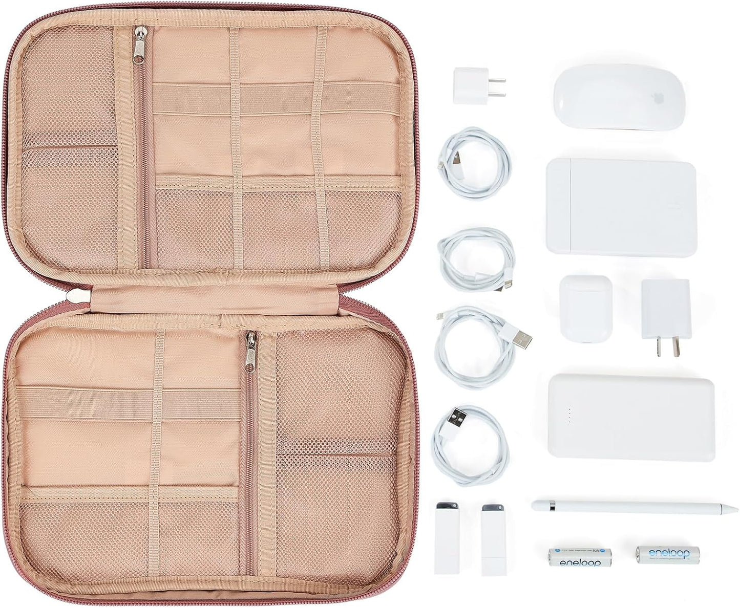 NISHEL Travel Cord Organizer Case, Tech Electronic Bag, Essentials for Charger, Cable, Phone, Hard Drive, USB, SD Card, Rosewood-Pink