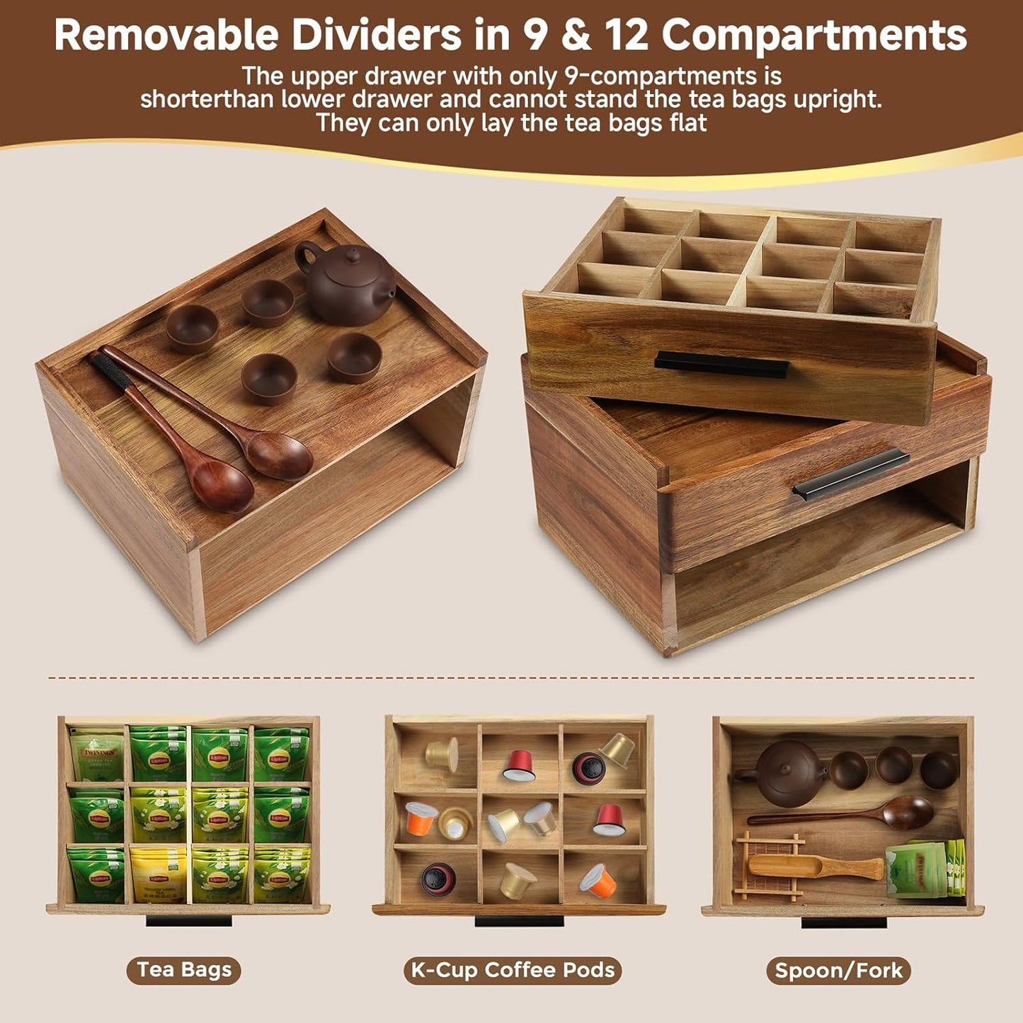 Acacia Wood Tea Bag Organizer with Gift Box, Double-Drawer Tea Box - Tea Accessories for Tea Organizer and Storage Box, Tea Station Chest Caddy for Countertop Cabinet Office(21-Compartment)