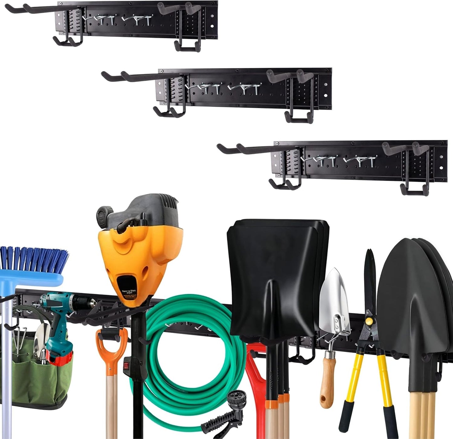 Heavy-Duty Wall Mount Garden Tool Organizer Rack, Black Metal, Multi-Hook Storage System