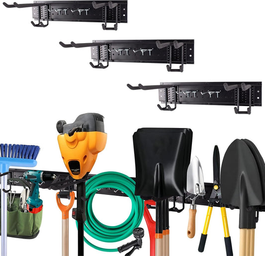 Heavy-Duty Wall Mount Garden Tool Organizer Rack, Black Metal, Multi-Hook Storage System