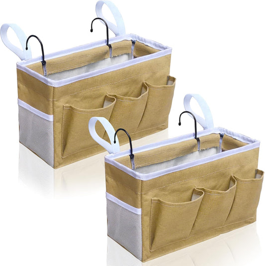 2pcs Bedside Caddy Storage Organizer, Hanging Bag Holder with Pockets for Bedroom, Loft Bed Tent, Bed Curtain, Top Bunk bed Shelf Accessories (Khaki)