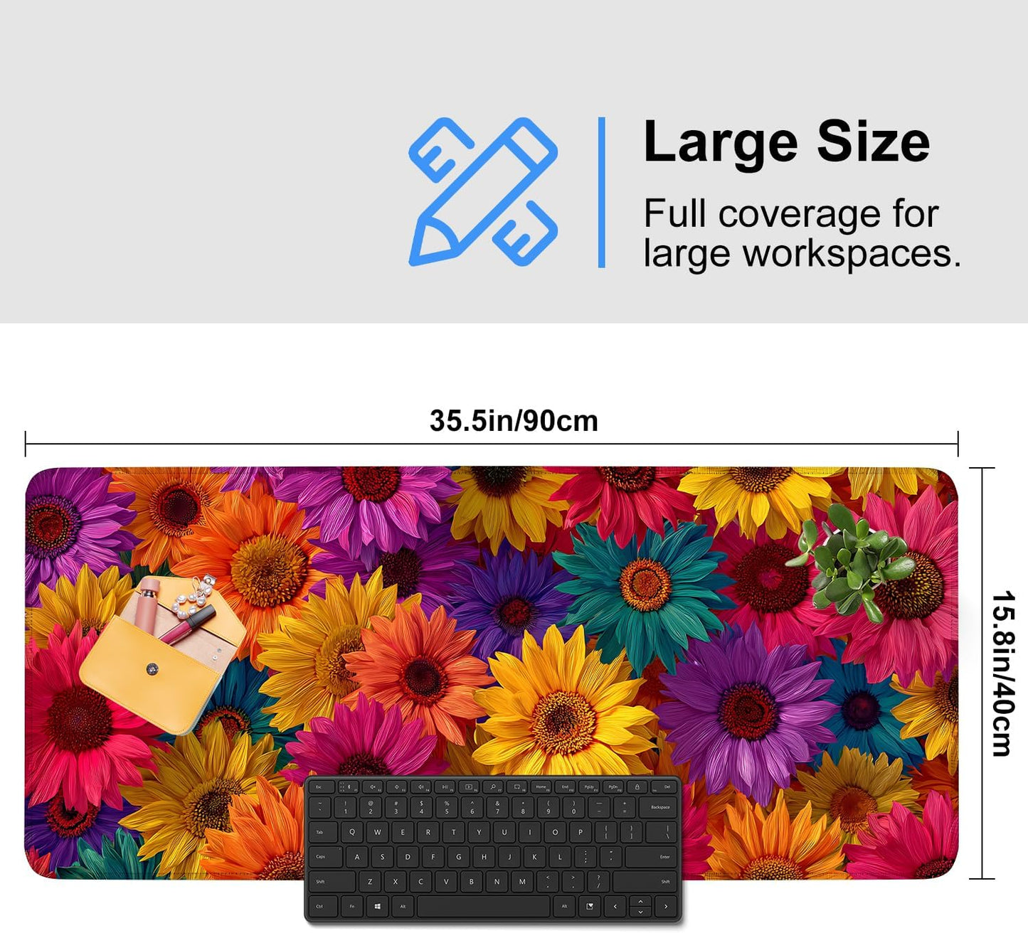 Colorful Floral Mouse Pad – Large Extended Desk Mat 35.43 x 15.75 in – Bright Rainbow Sunflower Design, Non-Slip Rubber Base, Waterproof Surface, Oversized Keyboard & Mouse Pad for Office or Gaming