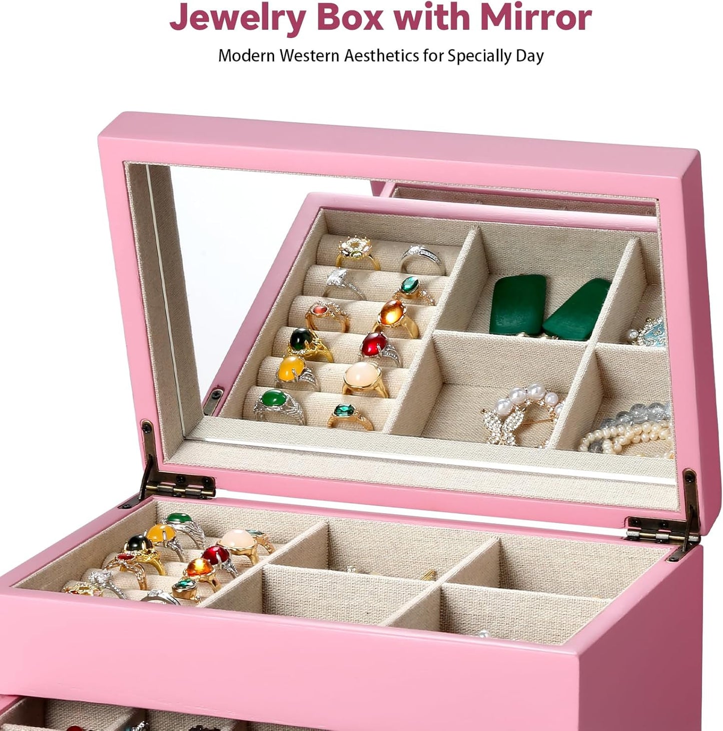 Meangood Jewelry Box Organizer for Women, 3 Layer Large Jewelry Storage Case, Rustic Wooden Jewelry Box with Mirror & Ring Tray for Necklace Earring Bracelets Rings, Vintage Style (Pink)