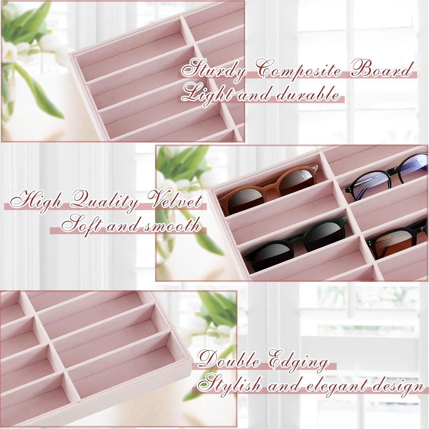 Amylove 2 Pcs Sunglass Organizer Trays Glasses Stackable Jewelry Trays Sunglass Organizer Display Box (18 Grids,Pink)