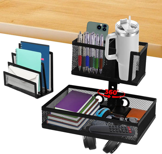 6-in-1 Under Desk Drawer Organizer with Clip On Cup Holder, Easy to Install Standing Desk Drawer Attachment, Space-Saving Clamp Organizer for Home & Office