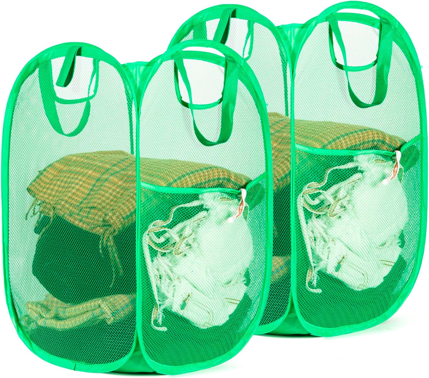 HOUSE AGAIN 2 Pcs Pop Up Laundry Hamper, Strong Mesh Laundry Baskets Collapsible, Hamper with Handles and Side Pocket, Portable Foldable Dirty Clothes for Dorm, Laundry room and Travel Storage, Green