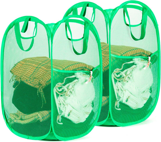 HOUSE AGAIN 2 Pcs Pop Up Laundry Hamper, Strong Mesh Laundry Baskets Collapsible, Hamper with Handles and Side Pocket, Portable Foldable Dirty Clothes for Dorm, Laundry room and Travel Storage, Green