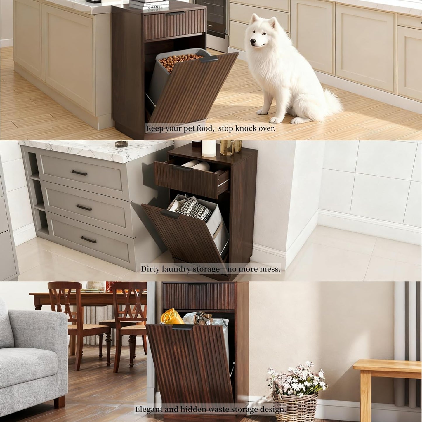 Tilt-Out Trash Cabinet with 10-Gallon Capacity, Walnut Laundry Hamper Cabinet, 34.3 x 19 x 13.8 inches, Wave-Textured Front.