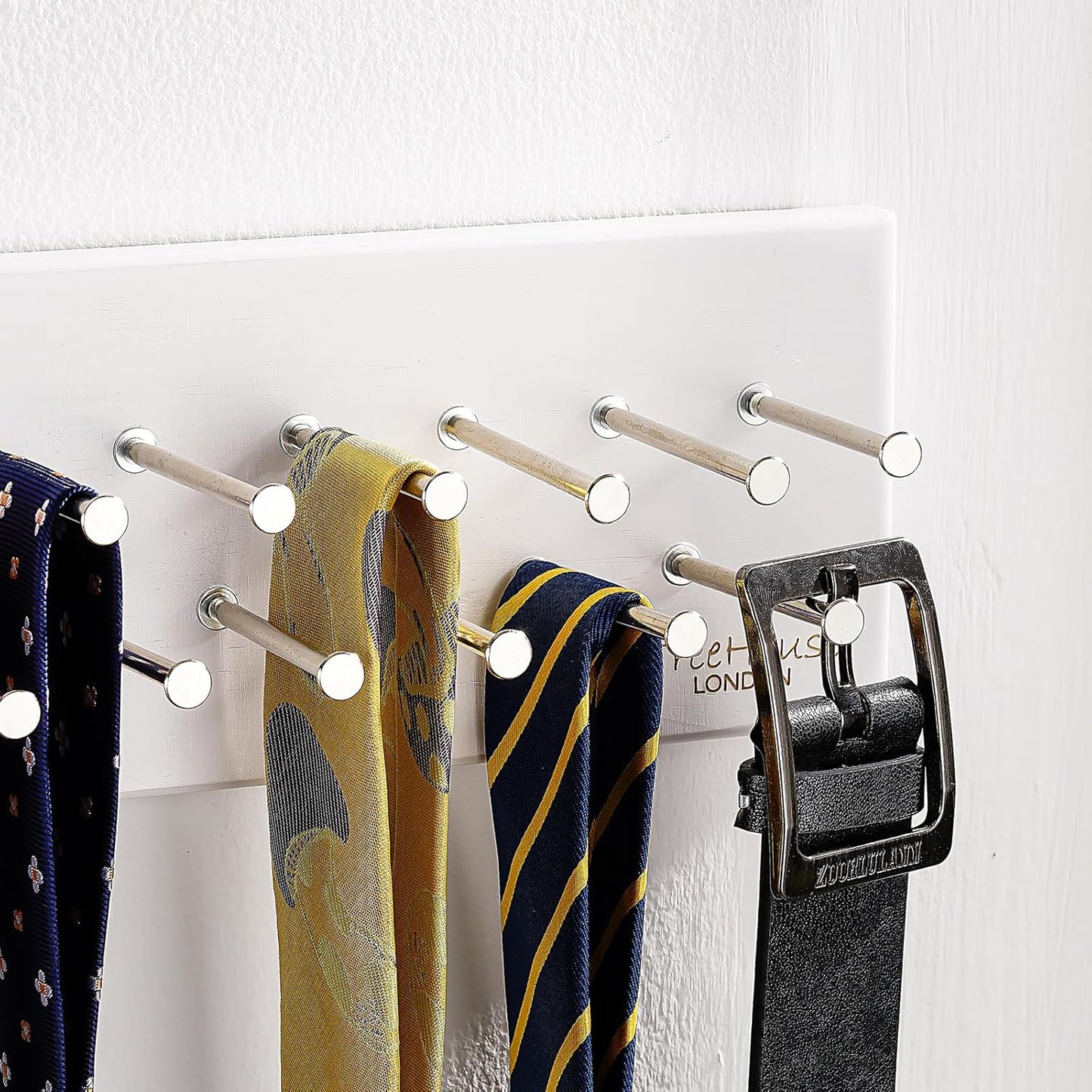 TreeHouse London Tie Rack Organizer – Holds 40 Large Ties – Solid Wood & Sturdy Metal Storage Holder for Closet – Wall Mounted Tie Display Hanger for Wall, Bedroom (White) 16''L x 4.25''H