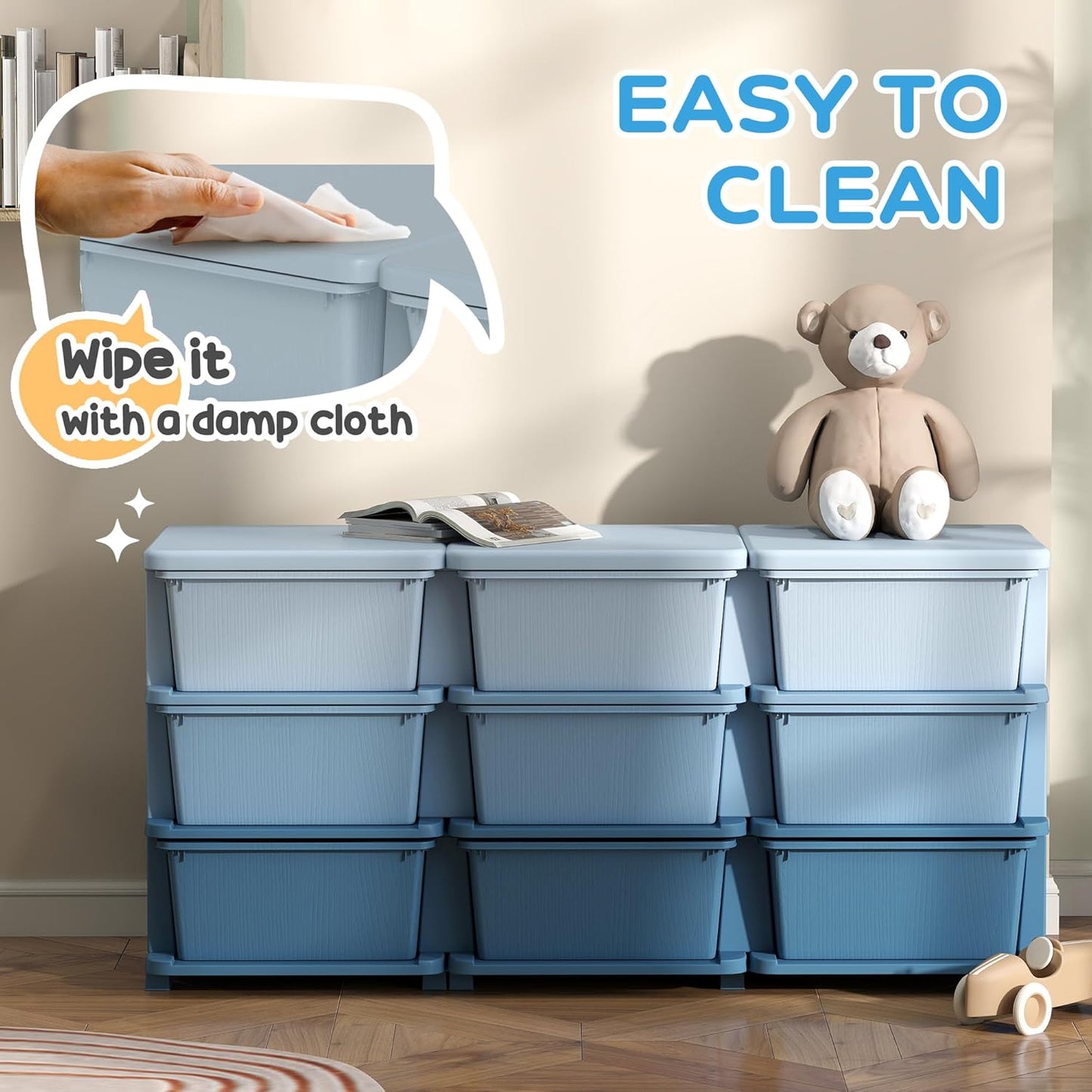 Qaba 3 Tier Kids Storage Unit, 9 Drawer Chest Toy Organizer Plastic Bins for Kids Bedroom Nursery Kindergarten Living Room for Boys Girls Toddlers, Blue
