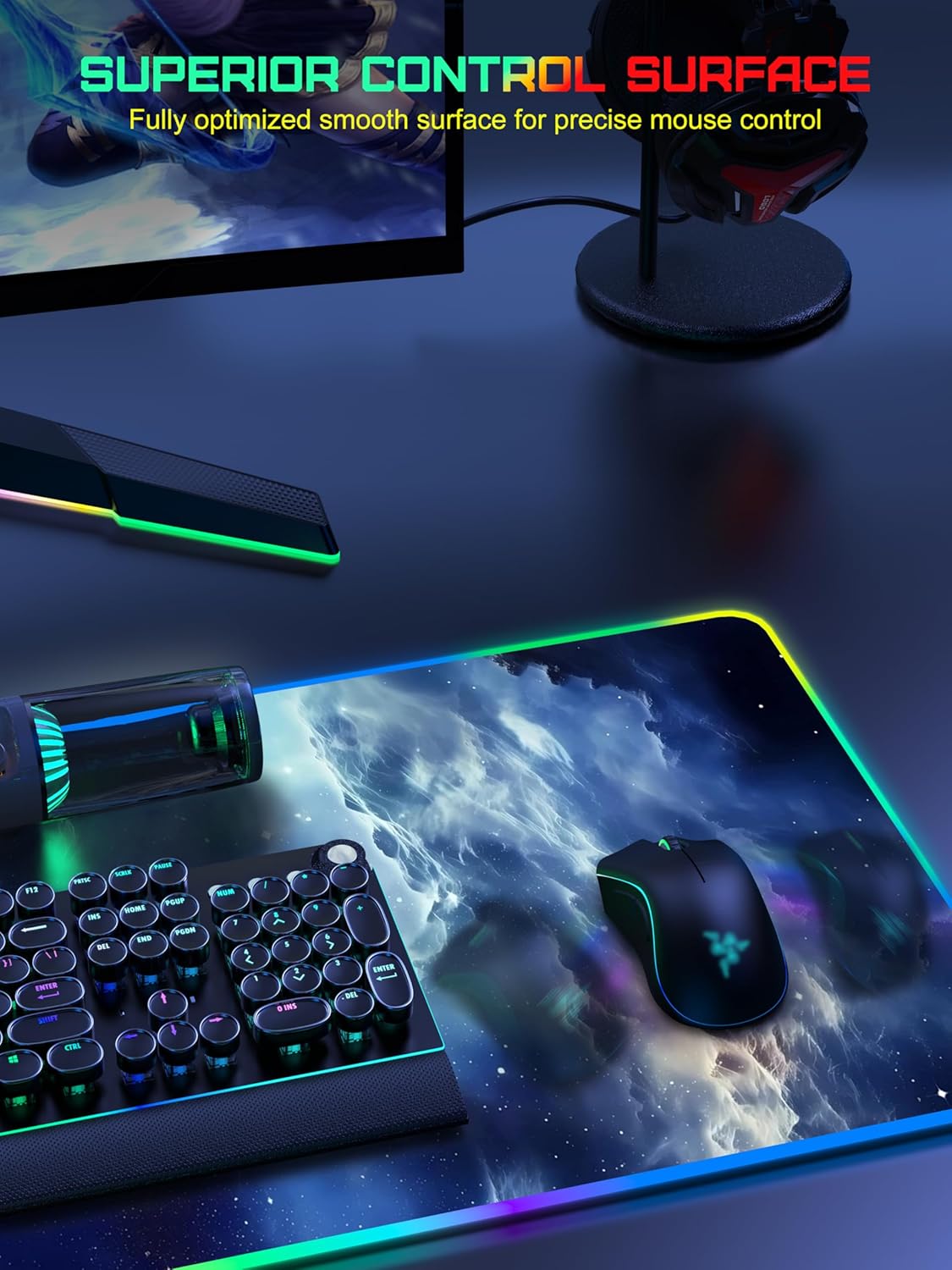 TopMade Wireless Charging Mouse Pad, RGB Gaming Mousepad, 35.4" x 15.8" Extra Large Waterproof Keyboard Desk Pad, Computer Desk Mat, Blue Nebula (Includes 20W PD Power Adapter & 6.56ft Woven Cable)