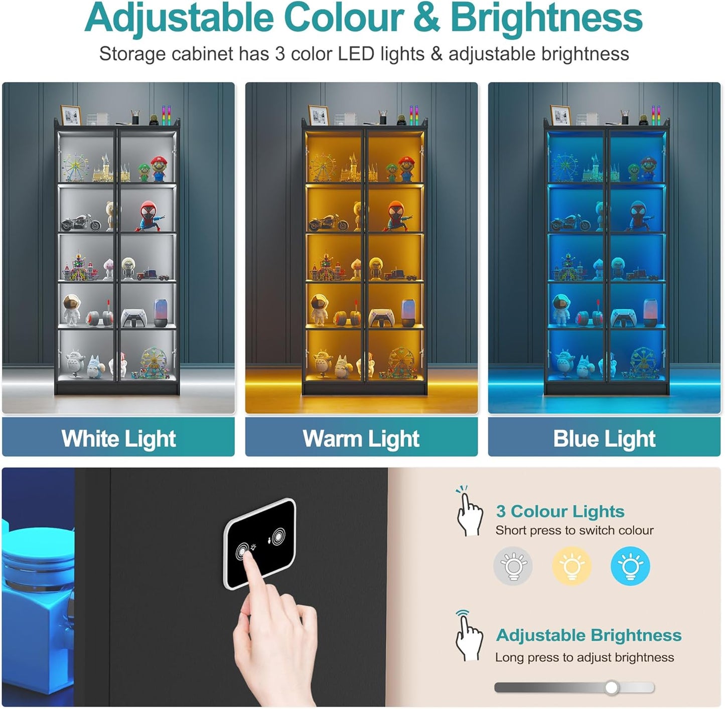 Lvifur 5 Tier Display Cabinet for Living Room, LED Bookcase with Human Body Induction Lights, 65” Tall Curio Cabinets with Adjustable Shelves for Office (Black)