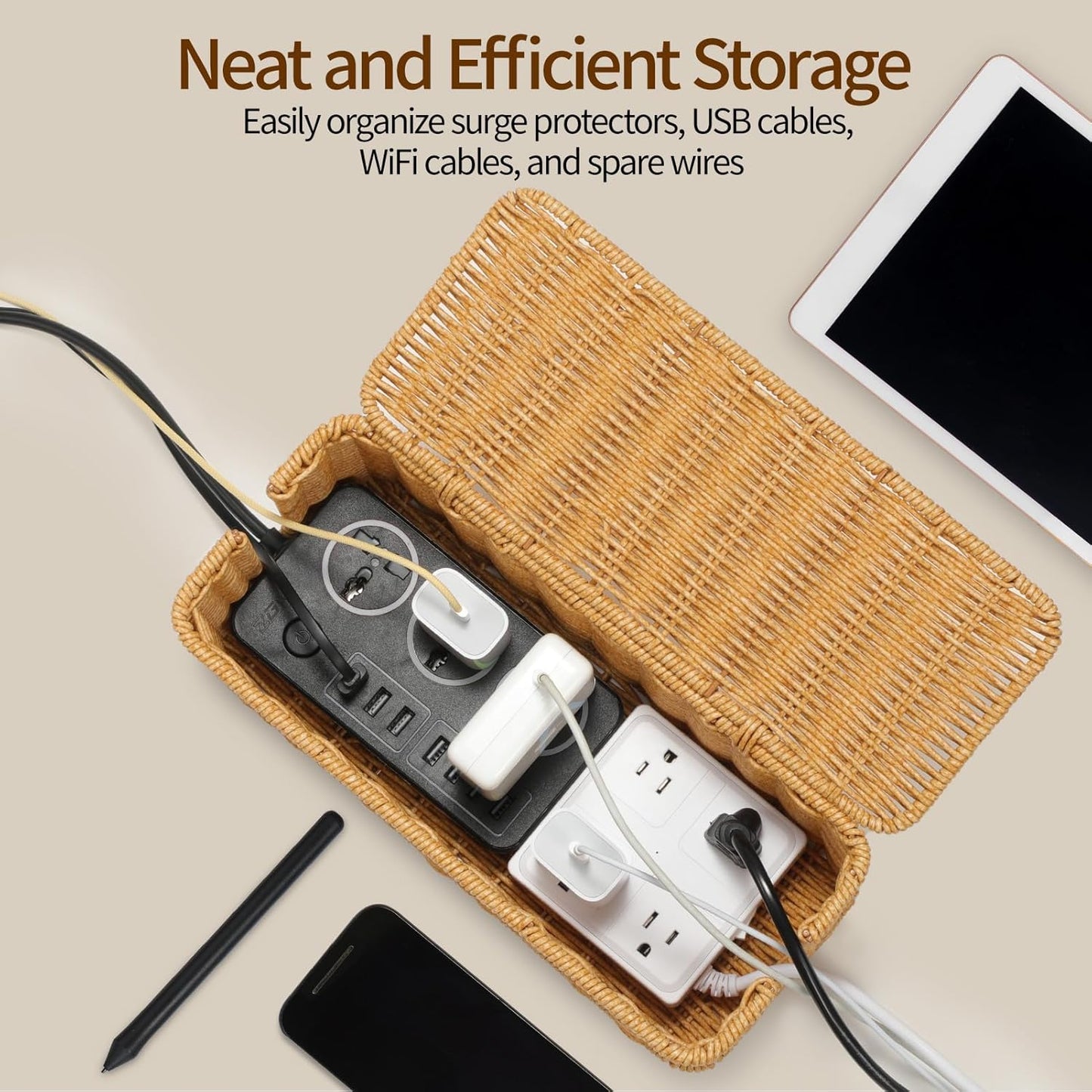 Delamu Handmade Rattan Small Cable Management Box, Cord Organizer with 2 Open Slots, Desk Cord Box Hider for Computer Router USB Hub Power Strip, 12.5" Lx 5.1" Wx 5.1" H, Natural