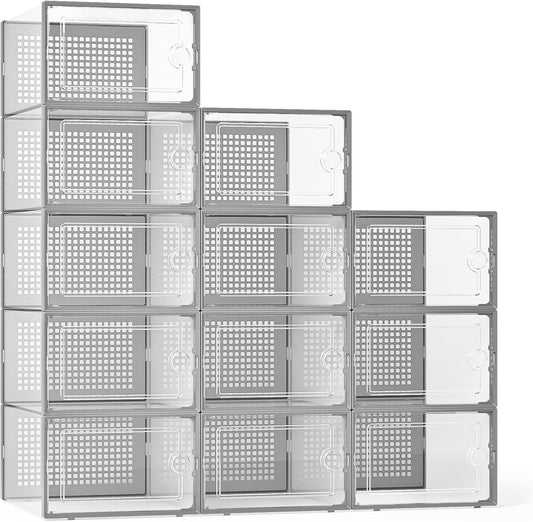 Kuject X-Large Shoe Storage Boxes Organizers Clear Plastic Stackable 12 Pack, Shoe Rack & Holder Substitute, Sneaker Containers, Toy Storage Organizer Bins for Entryway, Closet, Under Bed, Grey