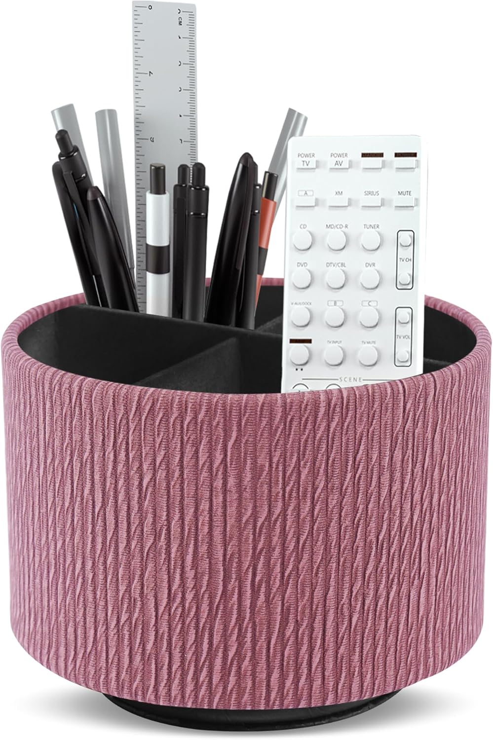 Round Leather Art Supply Organizer,Remote Control Holder,360 Degree Spinning,Multi-Functional Pencil Holder,4 Compartments Desktop Stationary Organizer(1-Wood Pink)